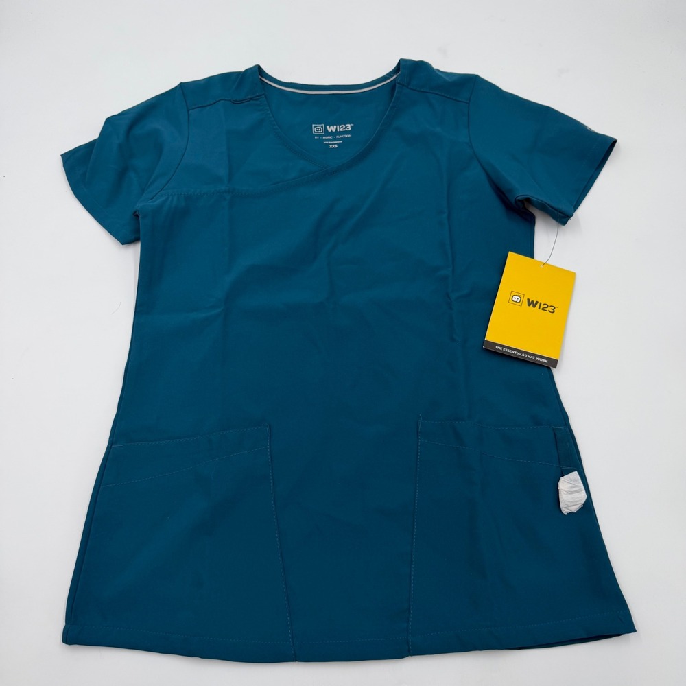 WonderWink W123 Womens Mock Wrap Scrub Top Caribbean Blue XXS 6755 NEW